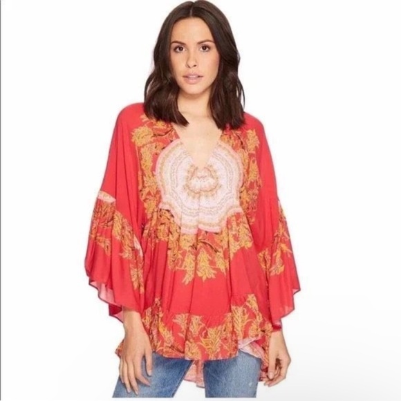 Free People Sunset Dreams V Neck Ruffle Bell Sleeve Tunic Blouse Top oversized - Picture 7 of 15
